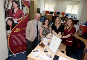 LAST ALAN EVANS COPYRIGHT EXPRESS & STAR 07/04/17 Shropshire Business Awards feature. Sentinel Care Services at Stafford Park. Steve Harris the MD, Vicky James, Stephanie Bodkin and Emily Clarke